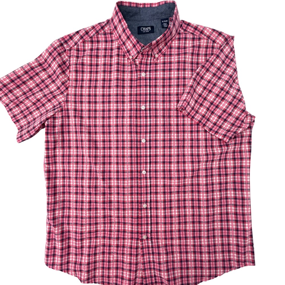 Chaps Mens XL Red Navy White Plaid Short‎ Sleeve Button Down Shirt Cotton Blend